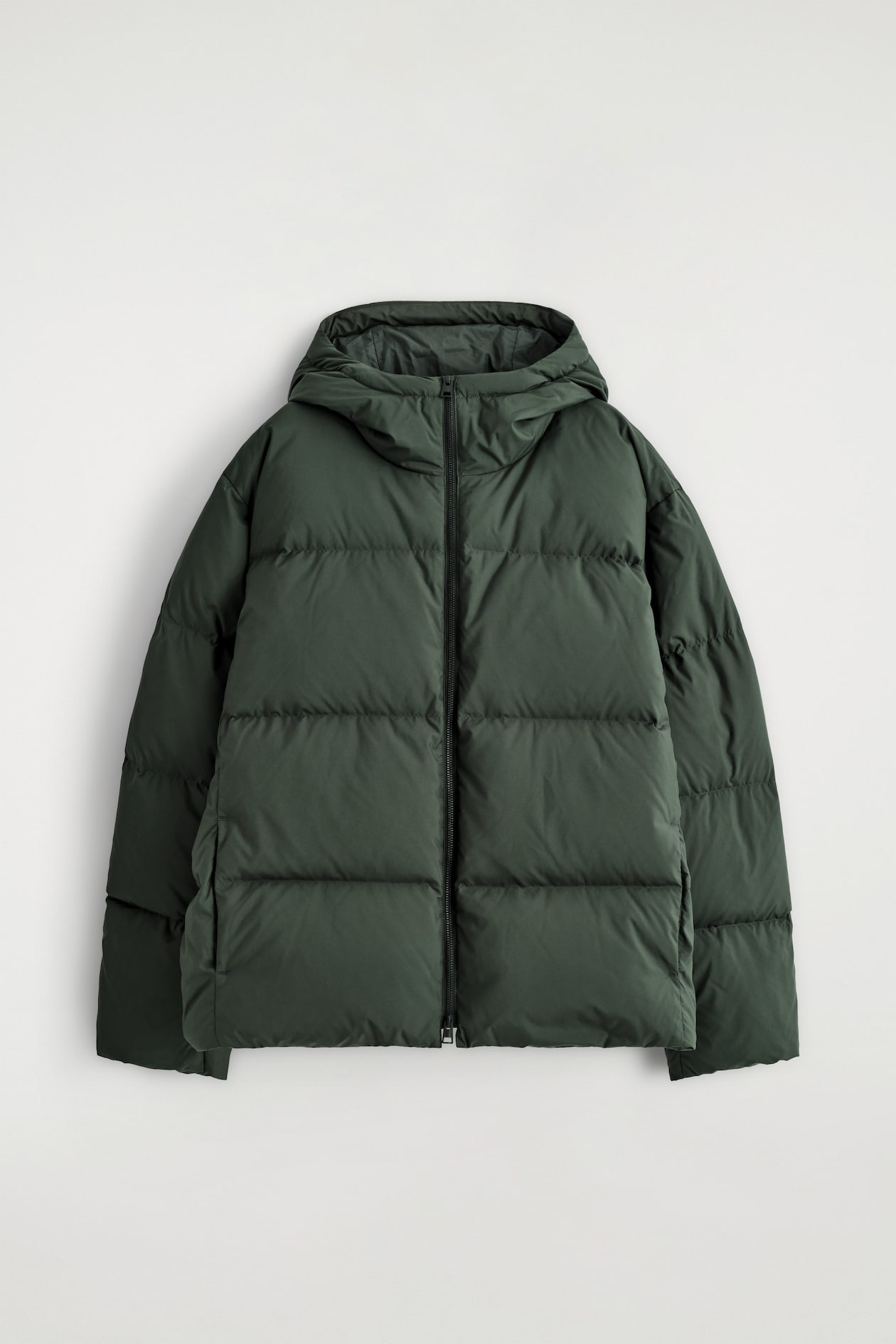 HOODED DOWN PUFFER JACKET — DARK GREEN