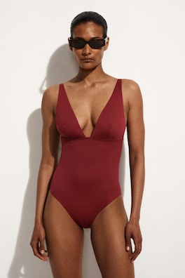 BONDED-SCUBA V-NECK SWIMSUIT — DARK RED 1
