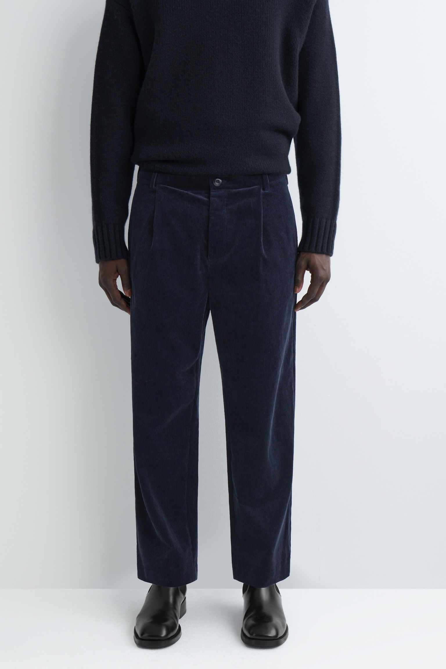 PANTALON DROIT À PLIS EN VELOURS CÔTELÉ - BLEU MARINE/KAKI FONCÉ - 5