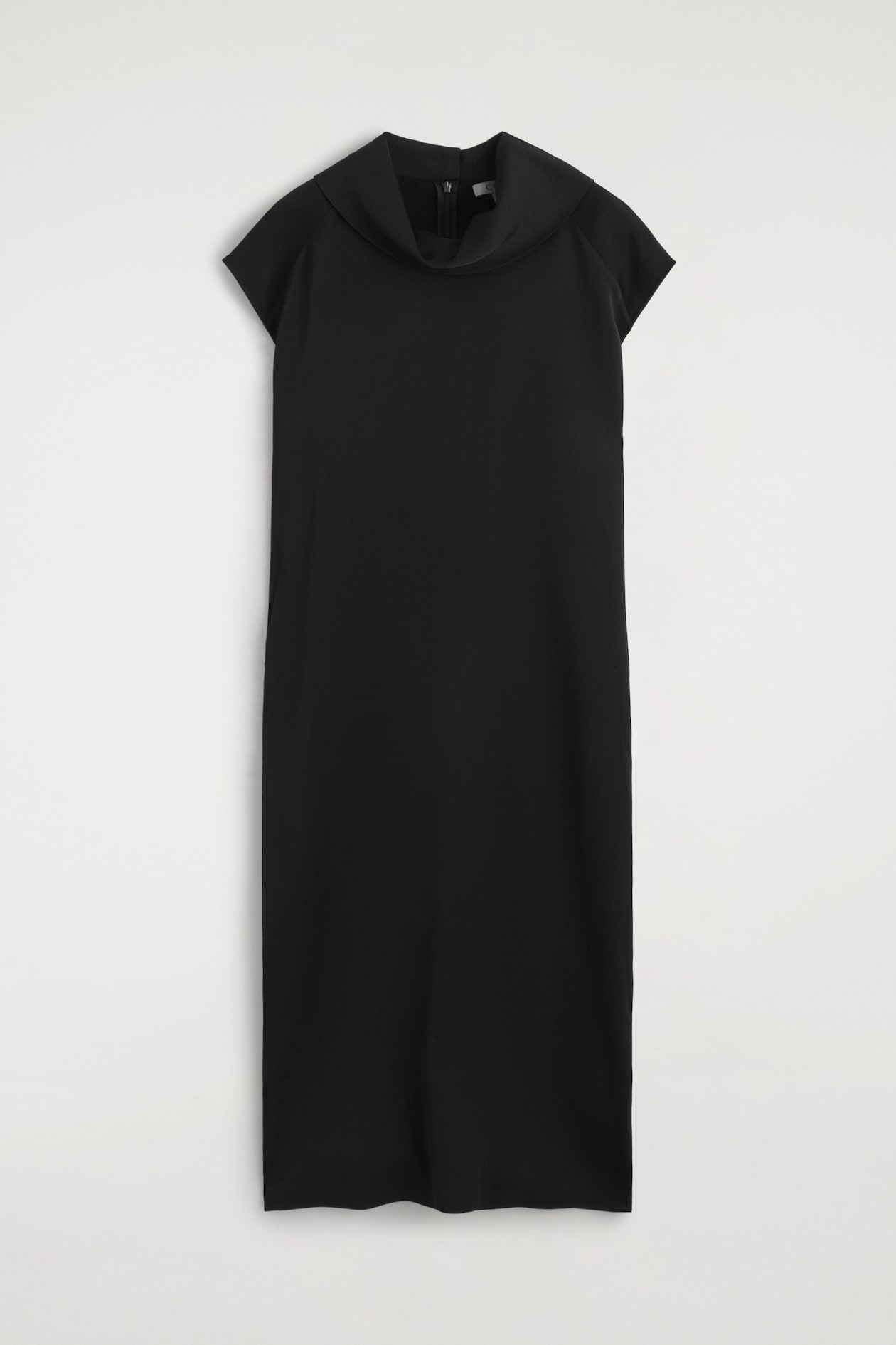 The black cowl-neck crepe midi dress is shown from the front, featuring a draped cowl collar, short cap sleeves and a straight, relaxed silhouette. A zip fastening is partially visible at the inner back neck.
