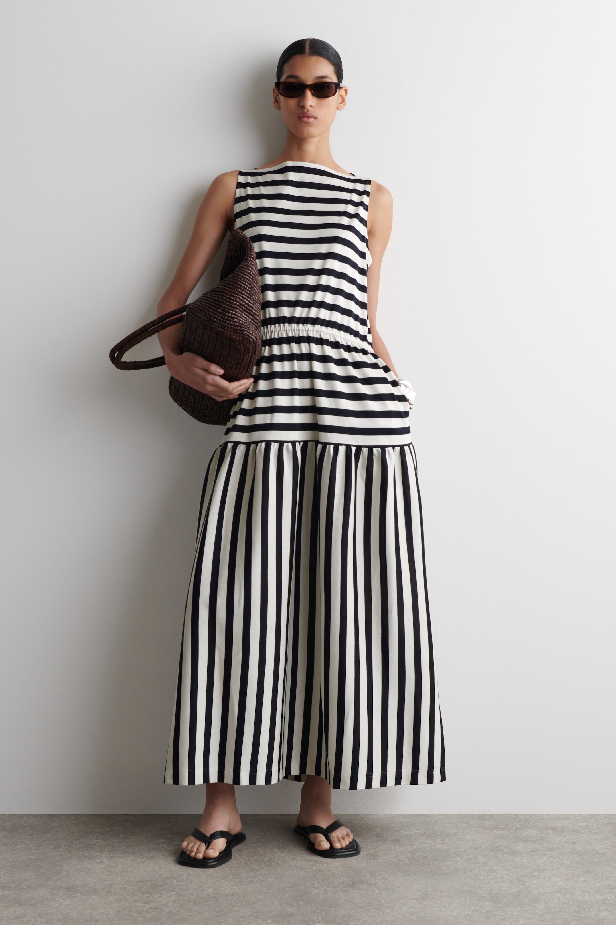 View larger image: BOAT-NECK GATHERED MIDI DRESS - NAVY / WHITE / STRIPED - Ladies | H&M GB 1