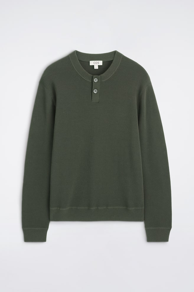 KNITTED COTTON HENLEY JUMPER - DARK GREEN/BLACK - 1