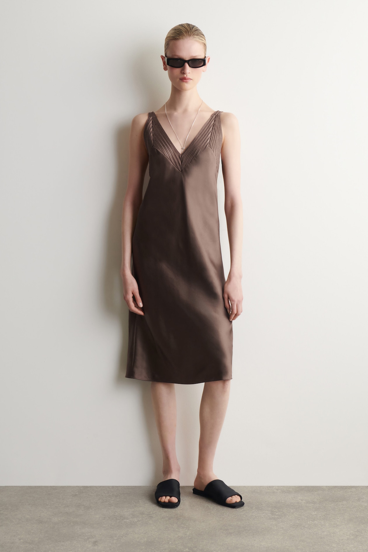 COS Women's Open-Stitch Satin Slip Dress in Brown | Size: 12 COS Women's Open-Stitch Satin Slip Dress in Brown | Size: 12