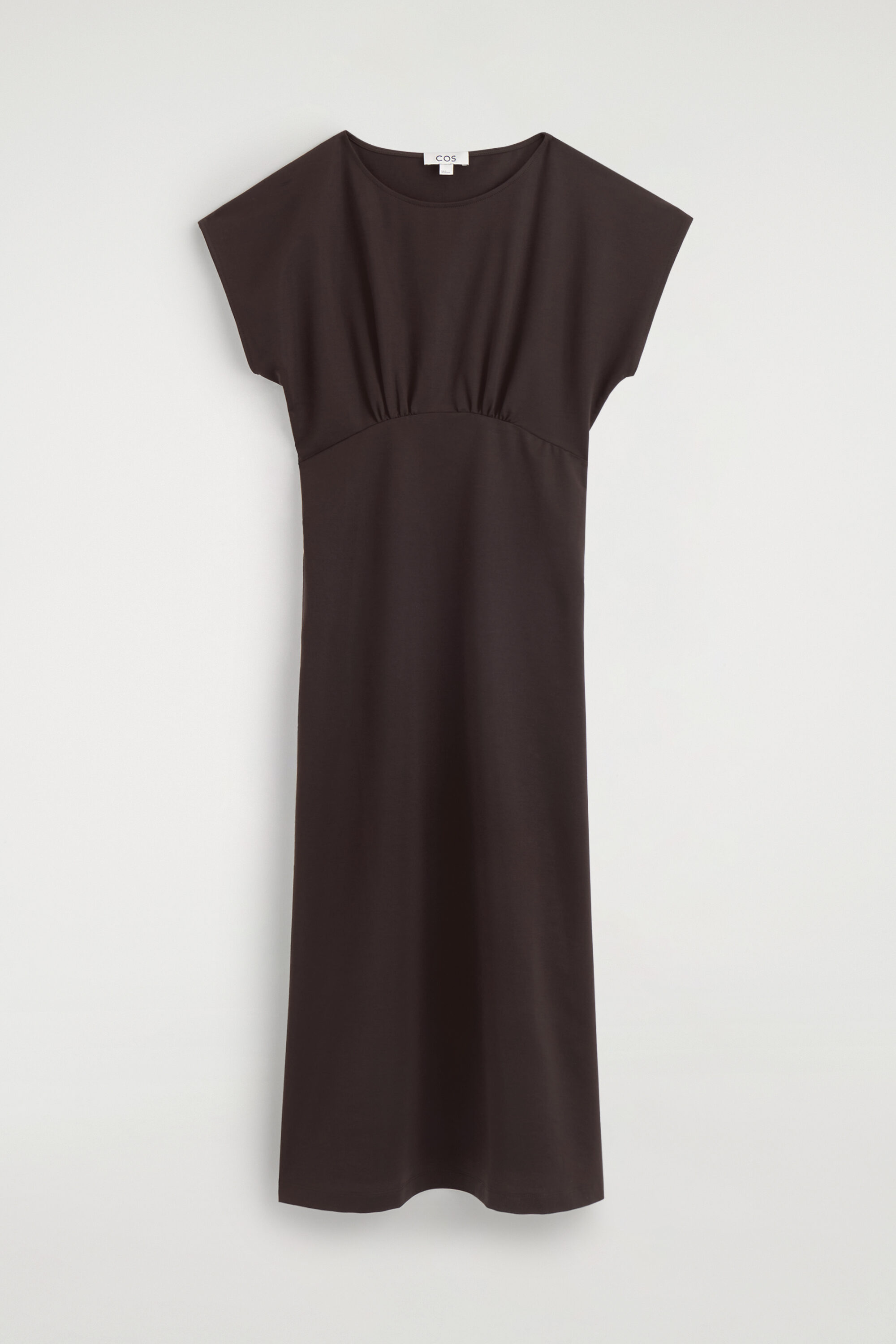 cos scoop-neck jersey midi dress COS Women's Sculpted Gathered Jersey Midi Dress in Brown | Cotton