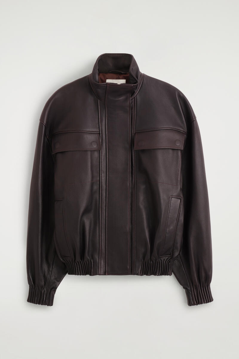 Leather Funnel-Turtleneck Bomber Jacket