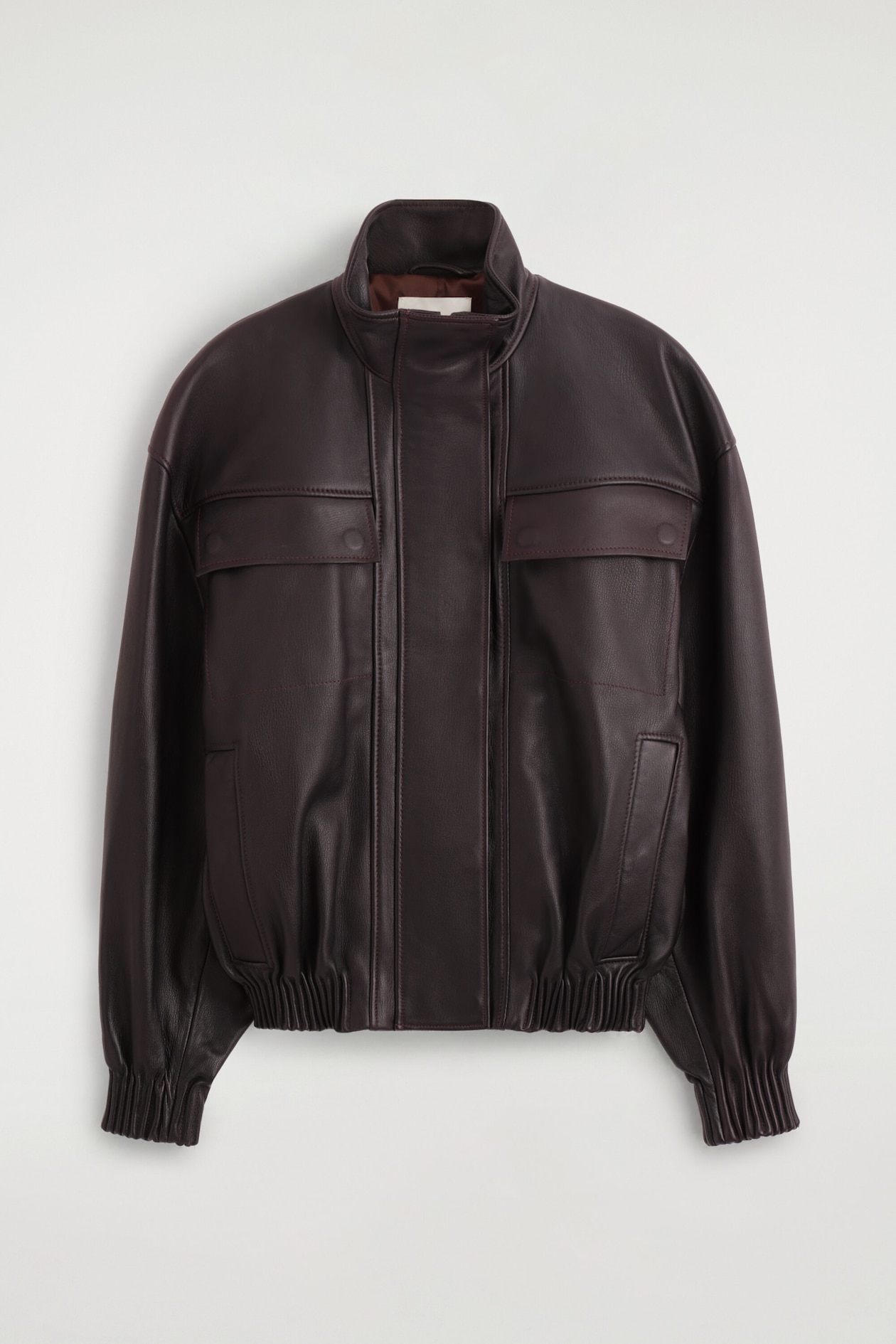 LEATHER MOCK-NECK BOMBER JACKET — DARK BROWN