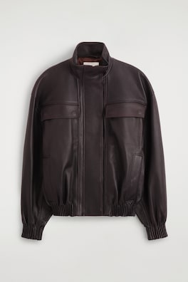 LEATHER MOCK-NECK BOMBER JACKET — DARK BROWN 11
