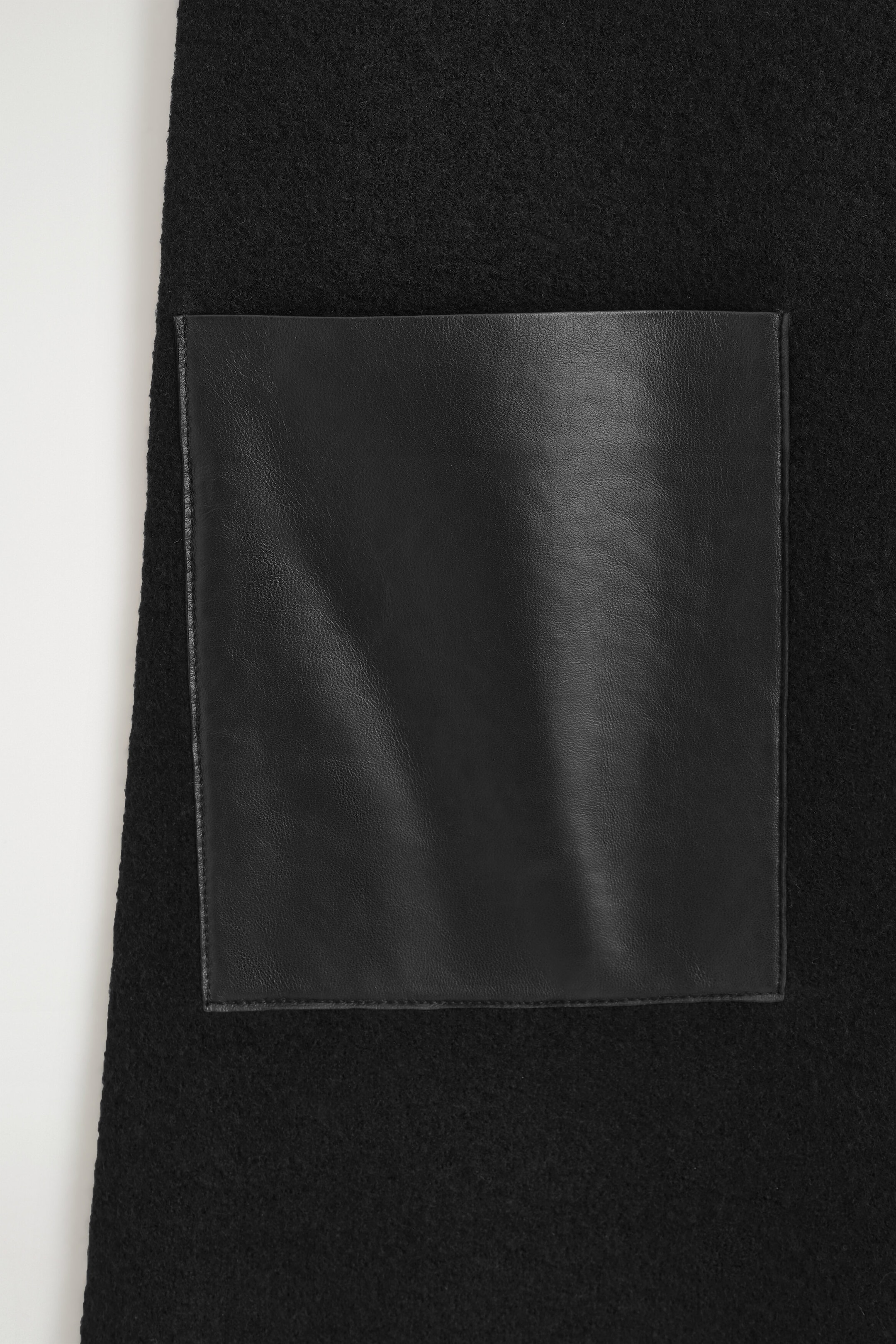 A close-up view of a black textured dress shows a square, smooth black leather patch pocket stitched onto the front. A close-up view of a black textured dress shows a square, smooth black leather patch pocket stitched onto the front.