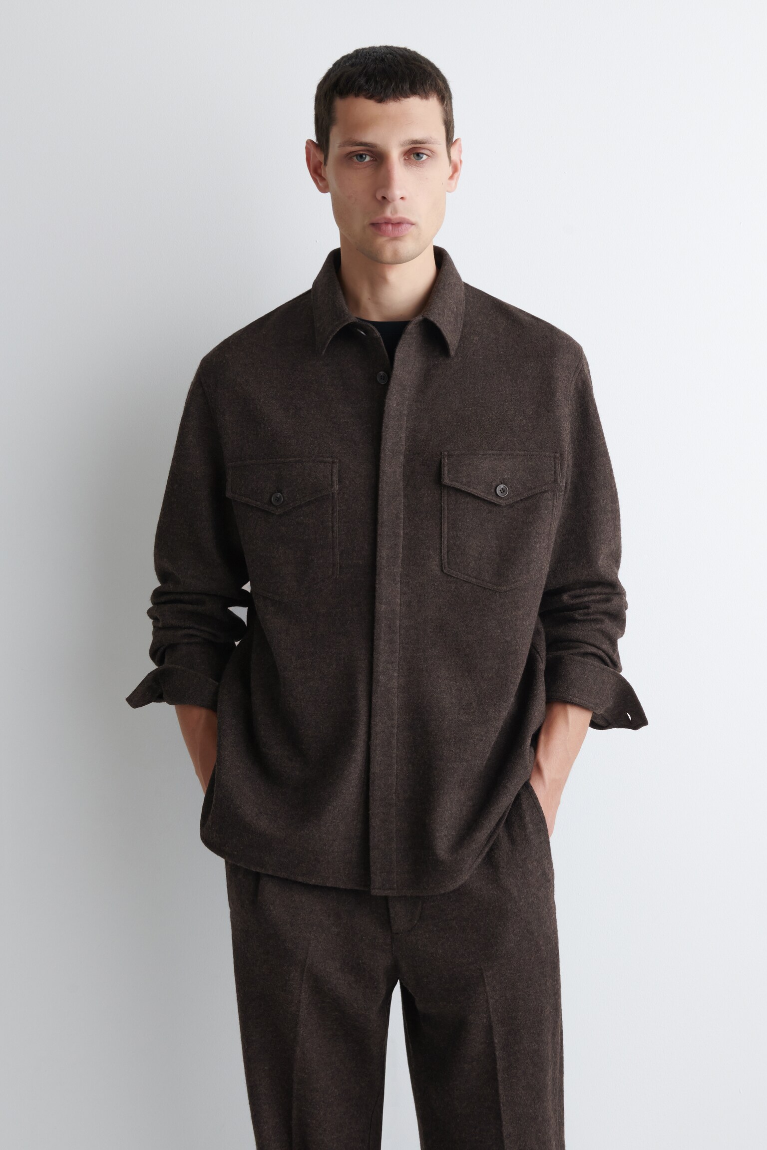 RELAXED BOILED-WOOL OVERSHIRT - DARK BROWN/BLACK/DARK KHAKI