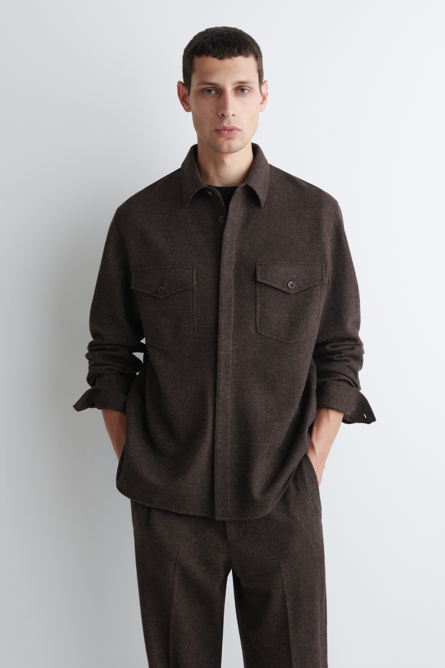 RELAXED GEEKOKTE WOLLEN OVERSHIRT - DONKERBRUIN/DONKER KHAKI