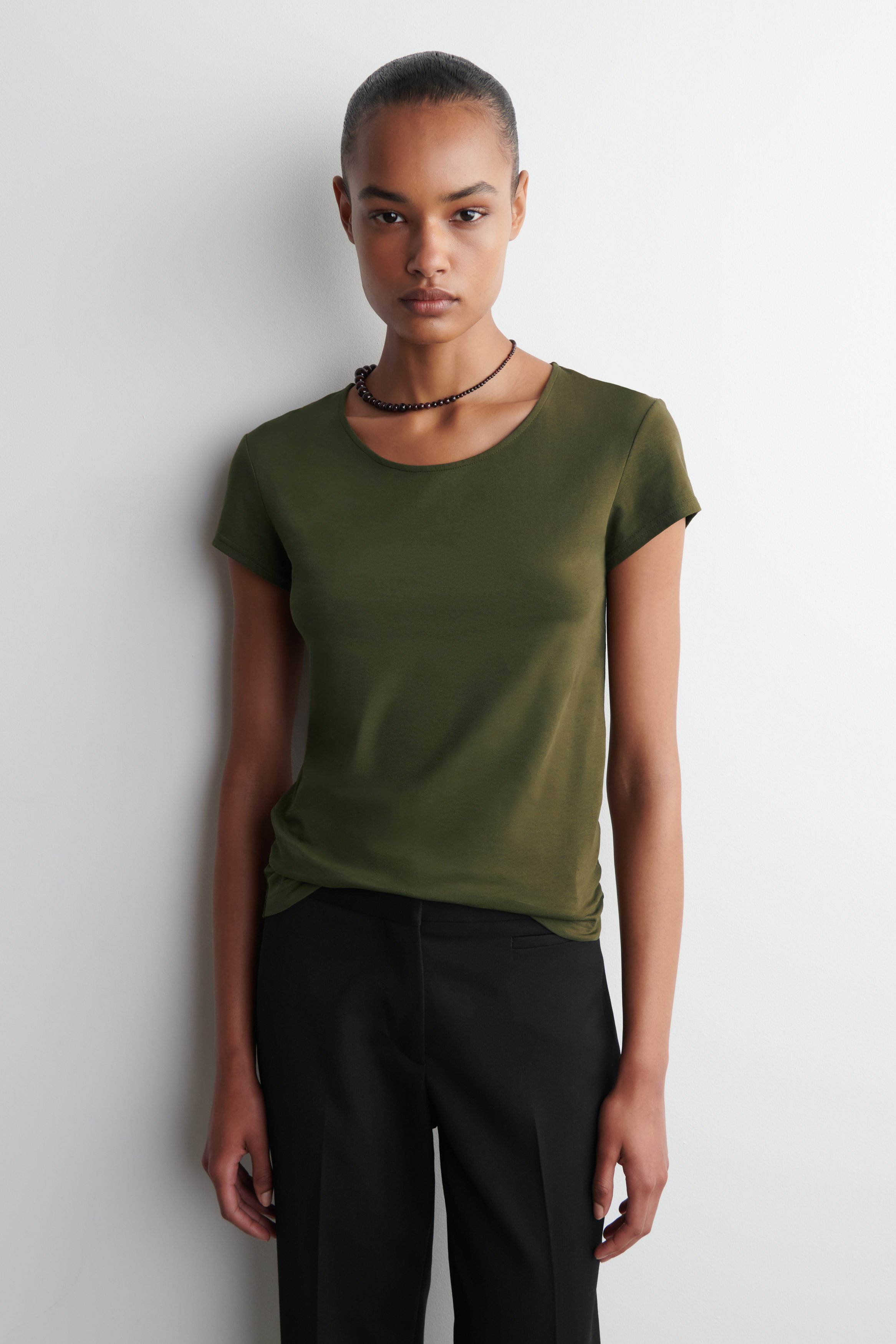 SCOOP-NECK T-SHIRT - DARK KHAKI | COS