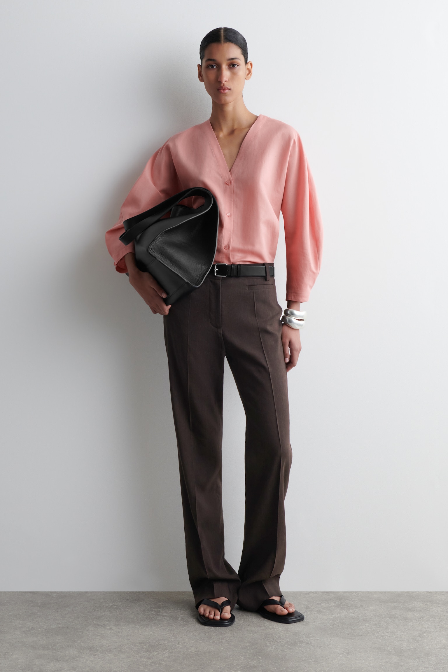 CAMISA DE LINO Y ALGODÓN CON CUELLO DE PICO - ROSA/MARRÓN OSCURO - 9