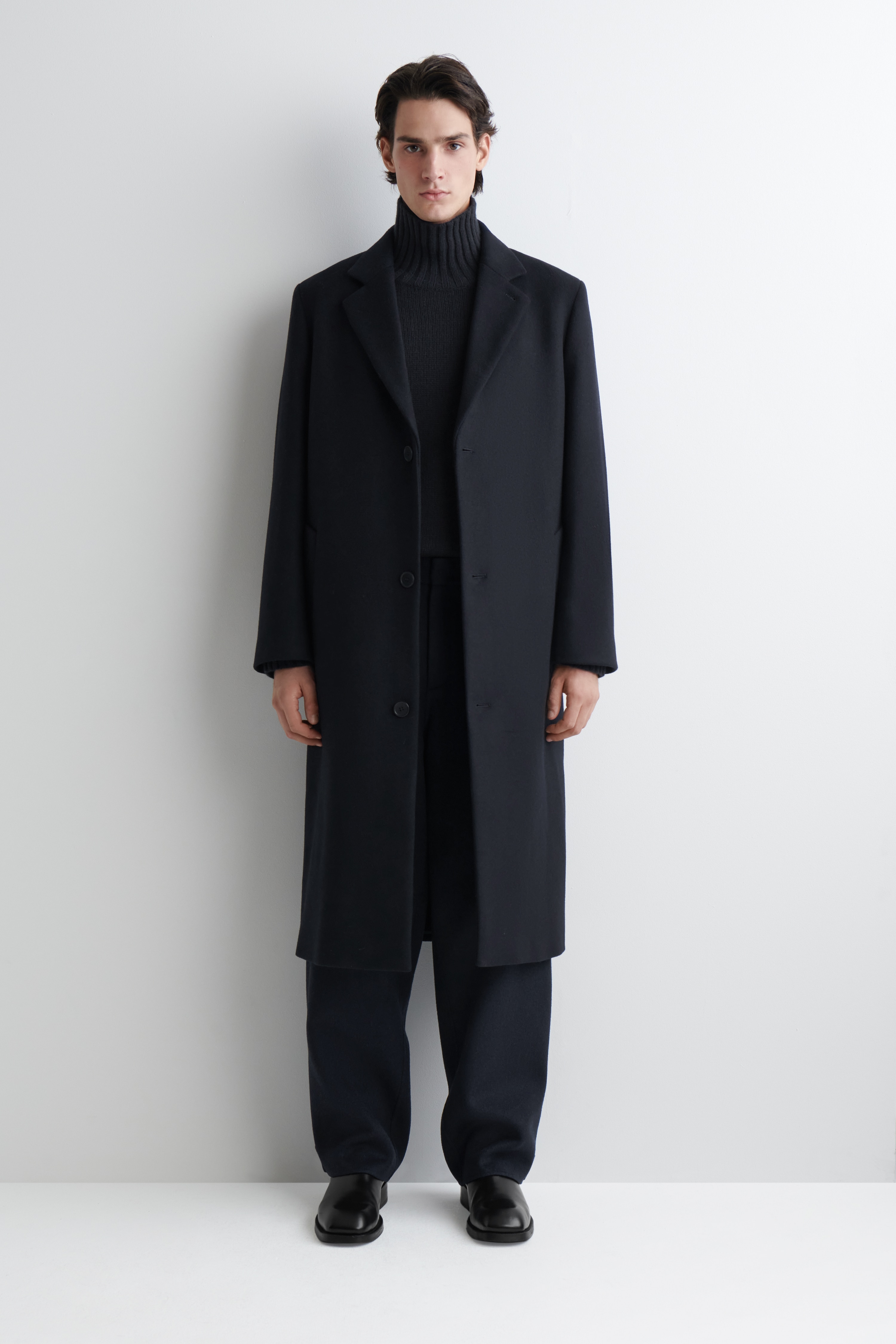 SINGLE-BREASTED WOOL LONG COAT - NAVY