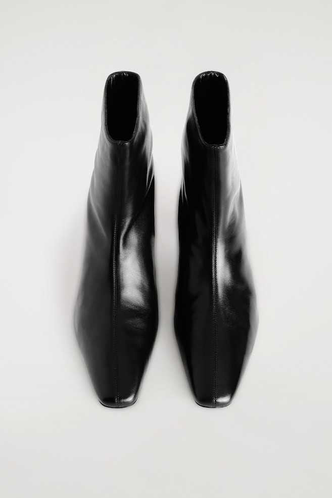 ANGULAR LEATHER HEELED ANKLE BOOTS — BLACK