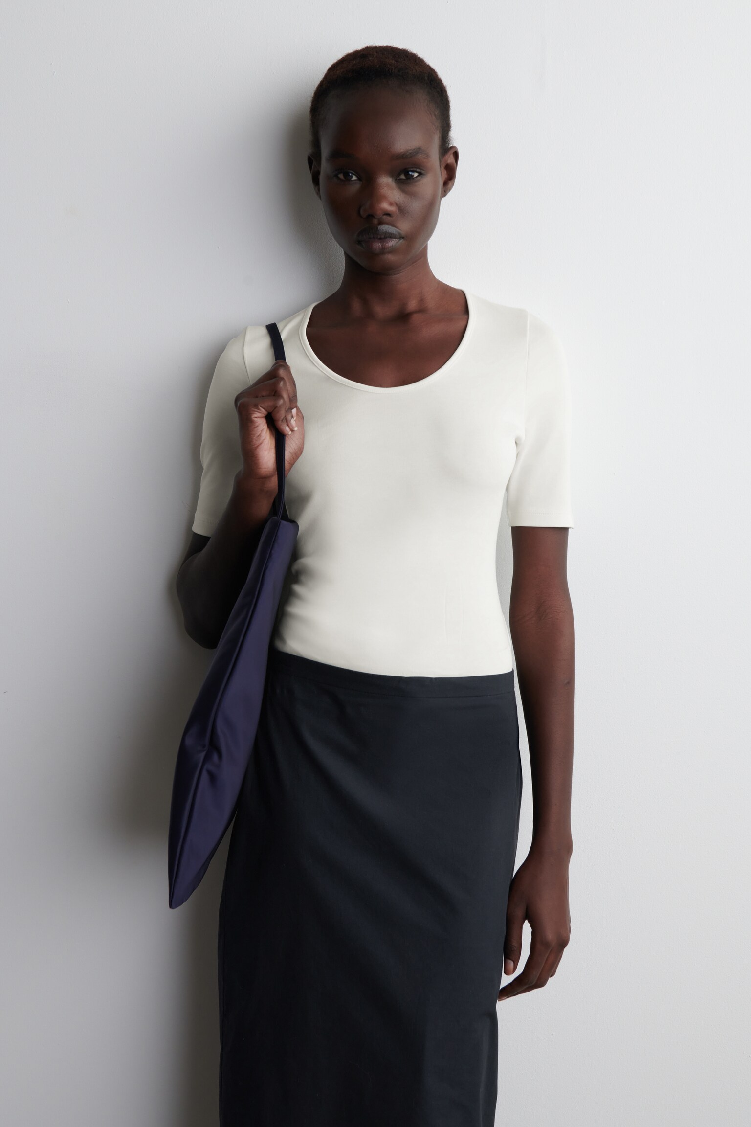 T-SHIRT SLIM À ENCOLURE DÉGAGÉE EN COTON - ÉCRU/LILAS/NOIR - 1