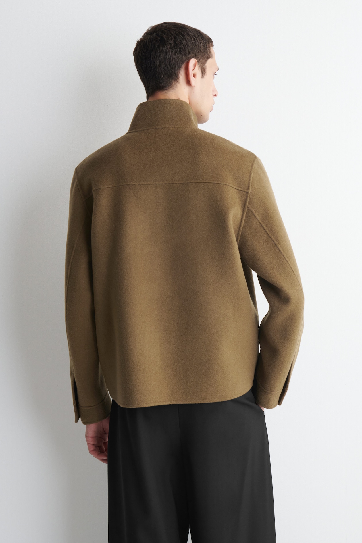 DOUBLE-FACED WOOL MOCK-NECK JACKET — DARK BEIGE