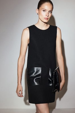 LEATHER-PATCH BOILED-WOOL MINI DRESS — BLACK 7