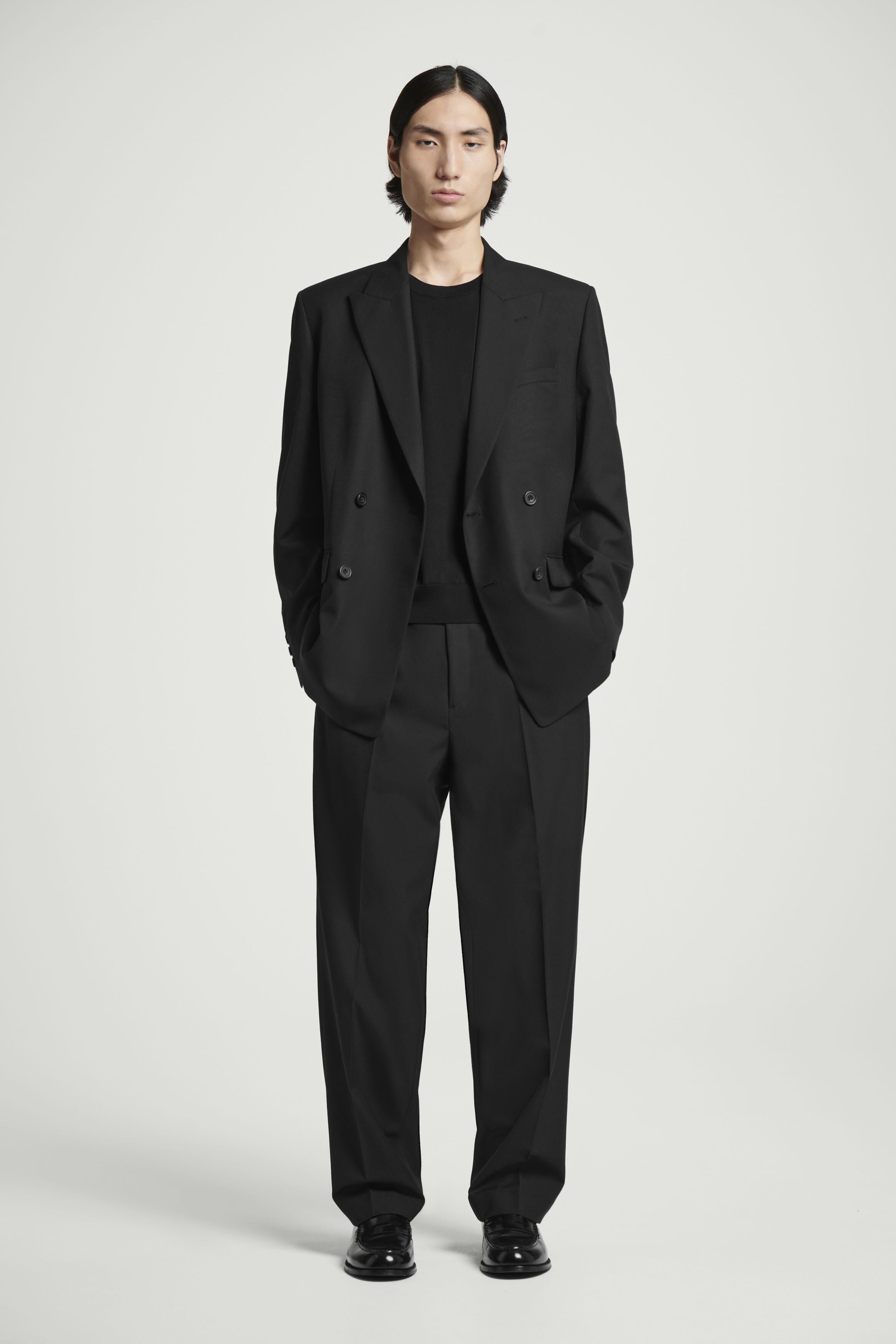 RELAXED WOOL-HOPSACK STRAIGHT-LEG TROUSERS - BLACK | COS