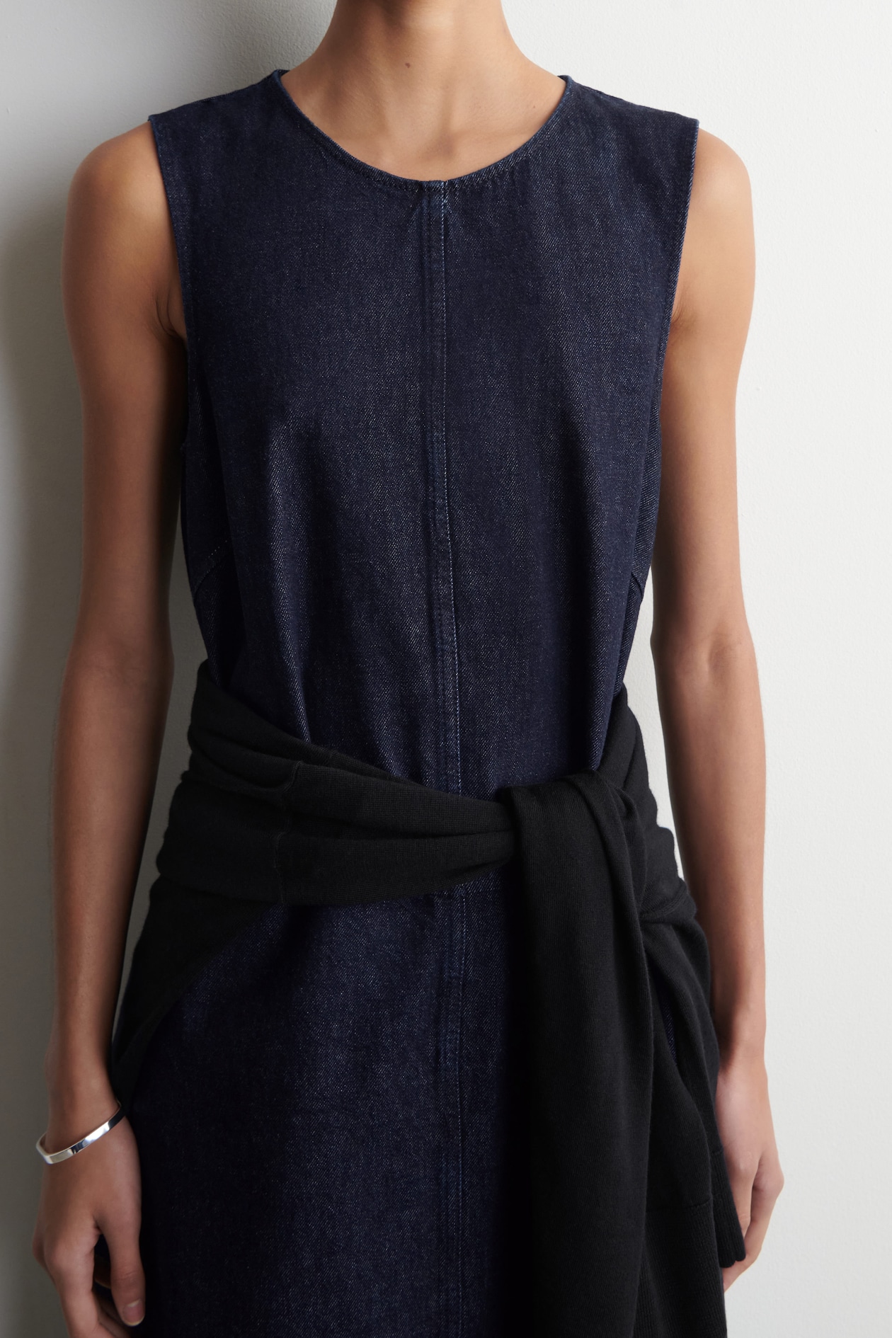 A-LINE DENIM MIDI DRESS — INDIGO
