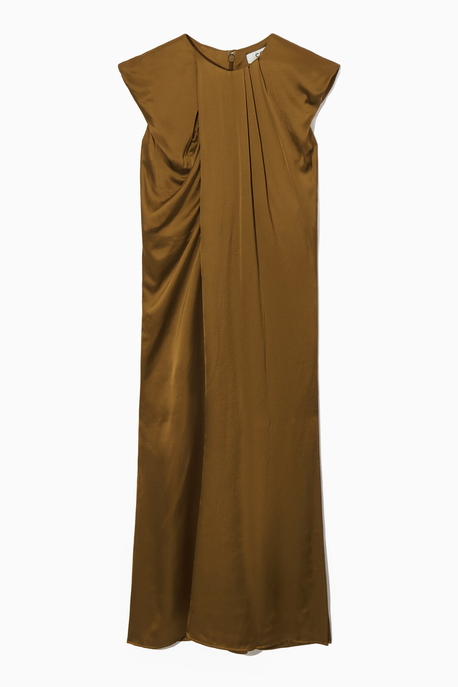 DRAPED CAP-SLEEVE MIDI DRESS - BROWN