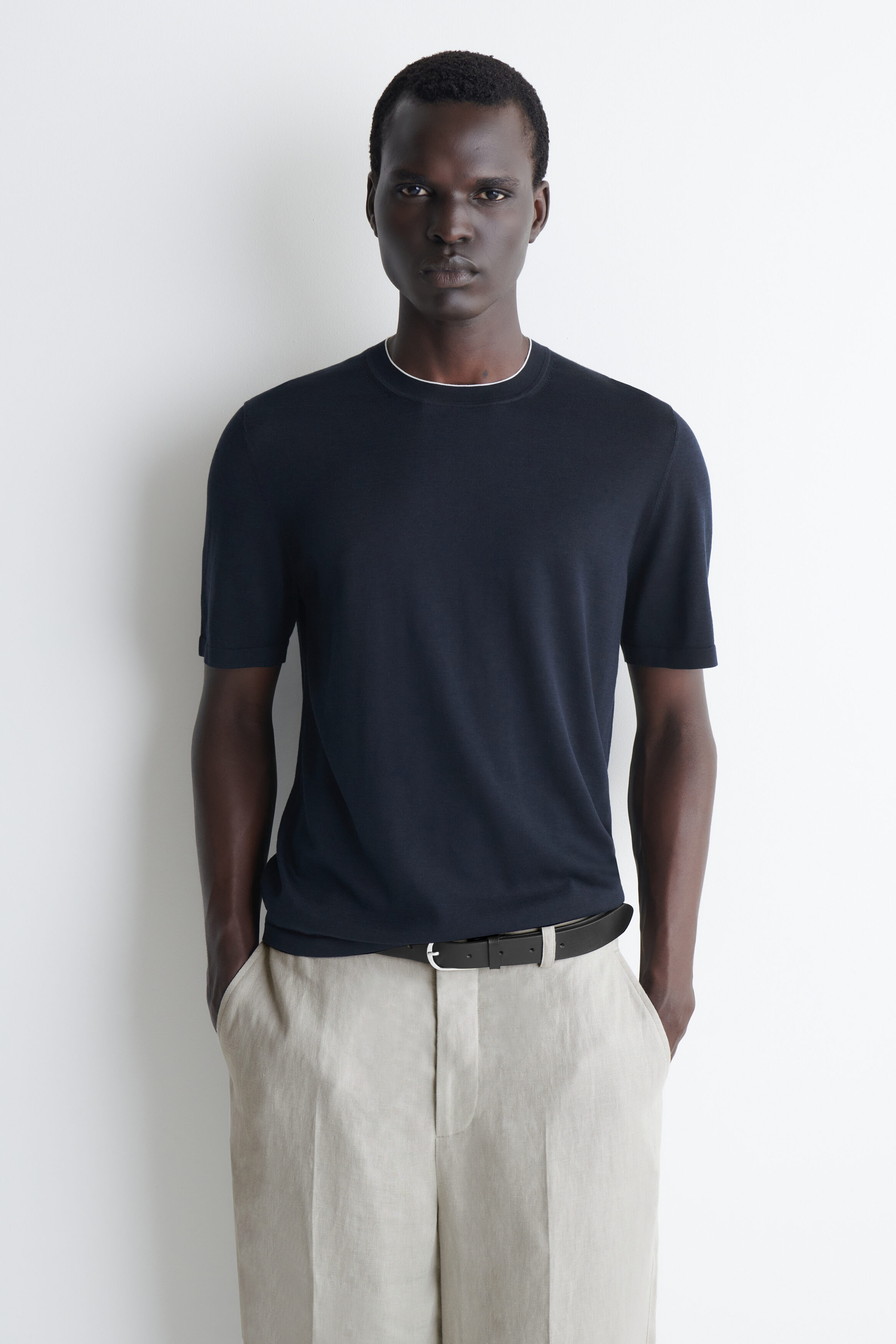 CONTRAST-TIPPED SILK-COTTON T-SHIRT - NAVY | COS NL