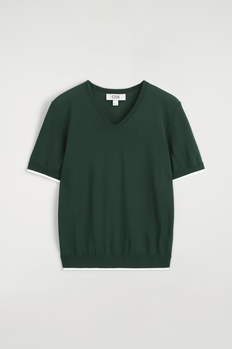Cos Layered-detail Knitted V-neck T-shirt In Green
