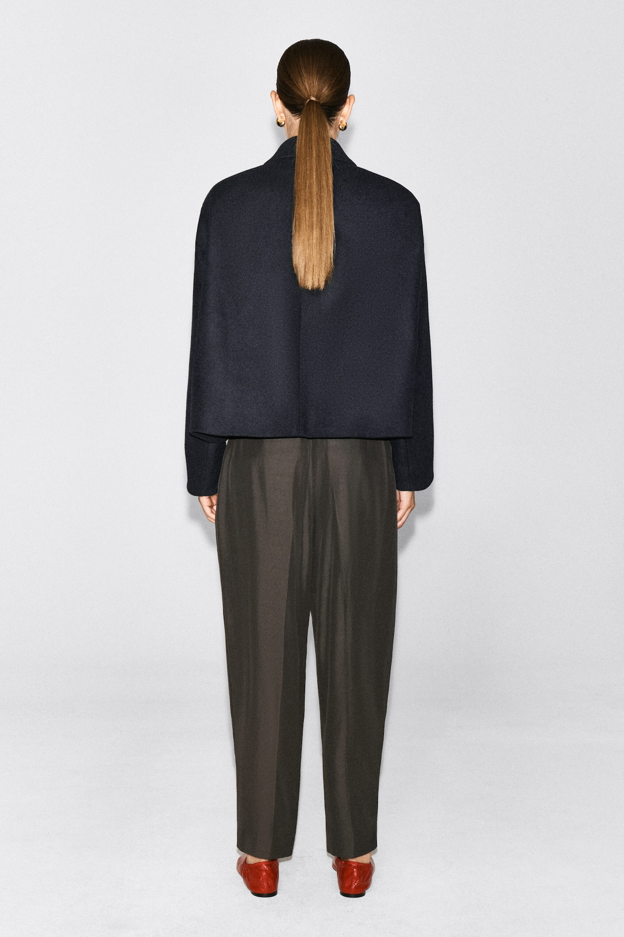 OVERSIZED CROPPED BOILED WOOL-BLEND BLAZER — NAVY
