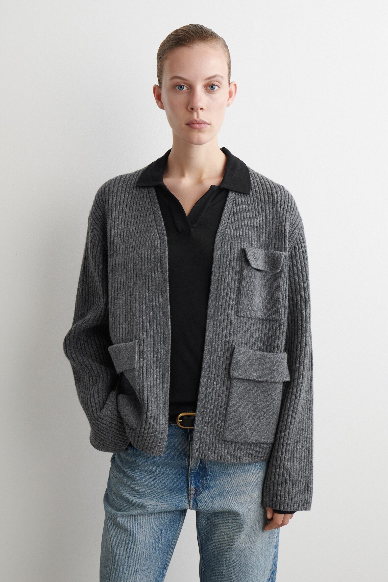 RIBBED MERINO WOOL UTILITY CARDIGAN - GRIGIO SCURO MÉLANGE/MARRONE SCURO