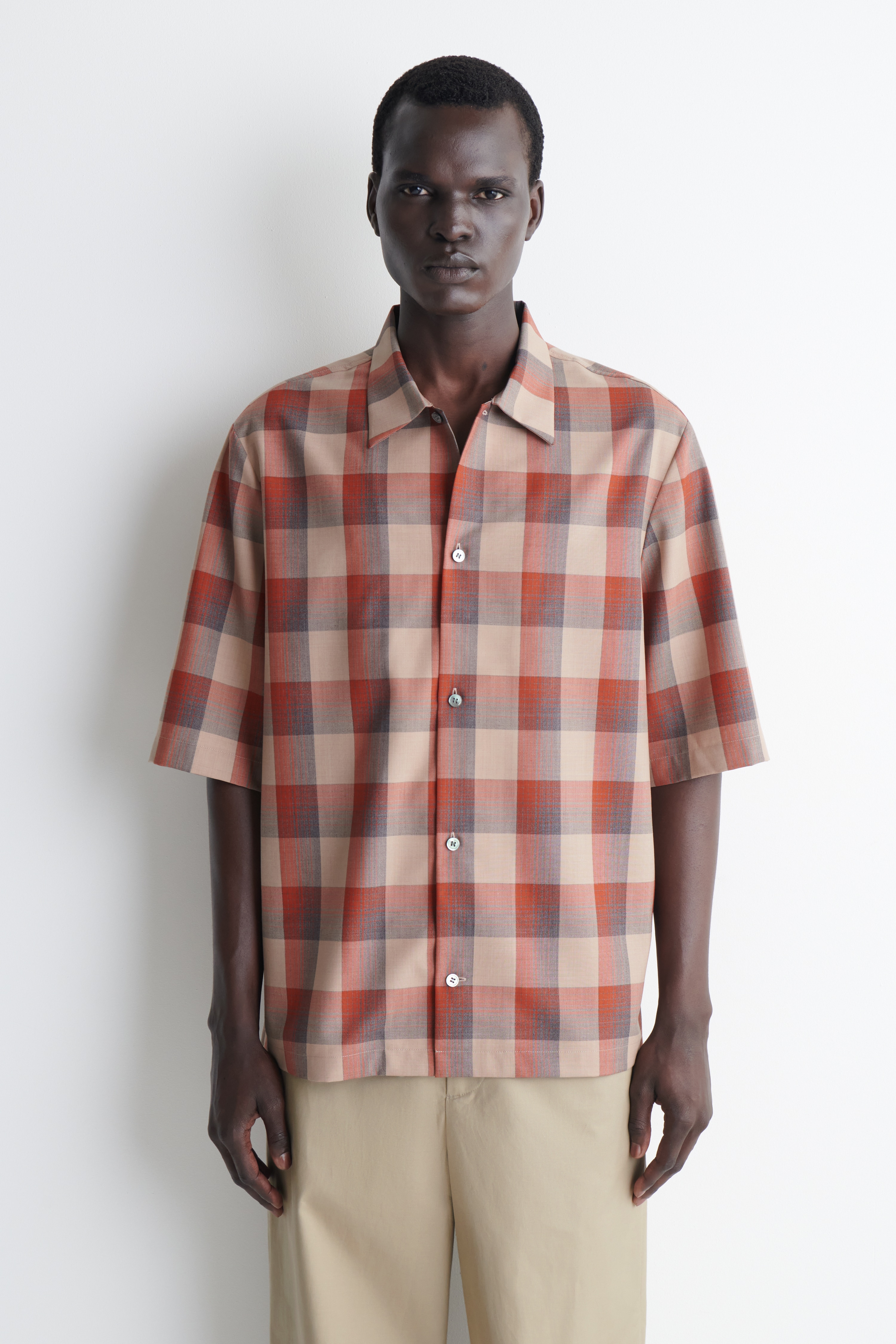 RUTIG SKJORTA I ULLBLANDNING - BEIGE/ORANGE-RUTIG
