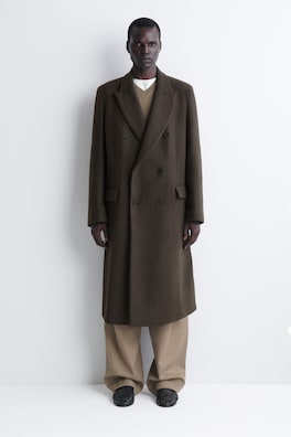 DOUBLE-BREASTED WOOL-BLEND LONG COAT — DARK-BROWN MÉLANGE 1
