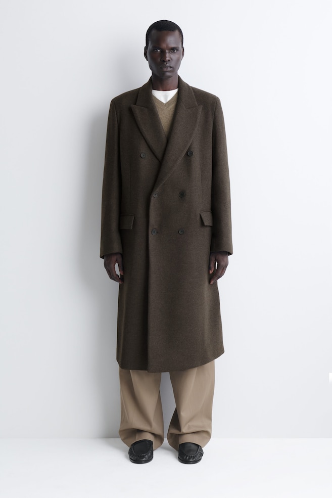 DOUBLE-BREASTED WOOL-BLEND LONG COAT — DARK-BROWN MÉLANGE