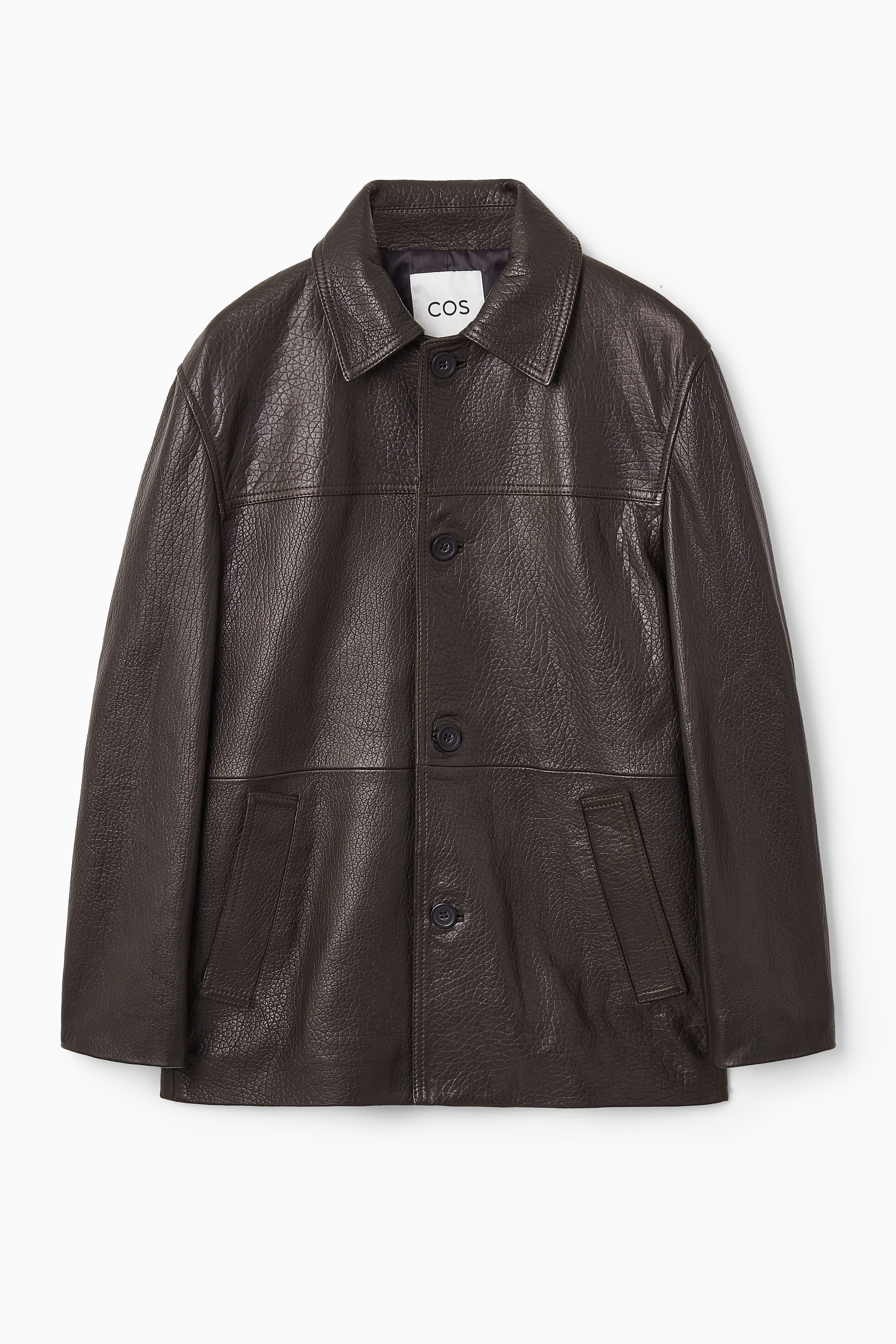 ジャケット・アウター COS COLLARED GRAINED-LEATHER JACKET COS Collared Grained-Leather Jacket in DARK BROWN | endource