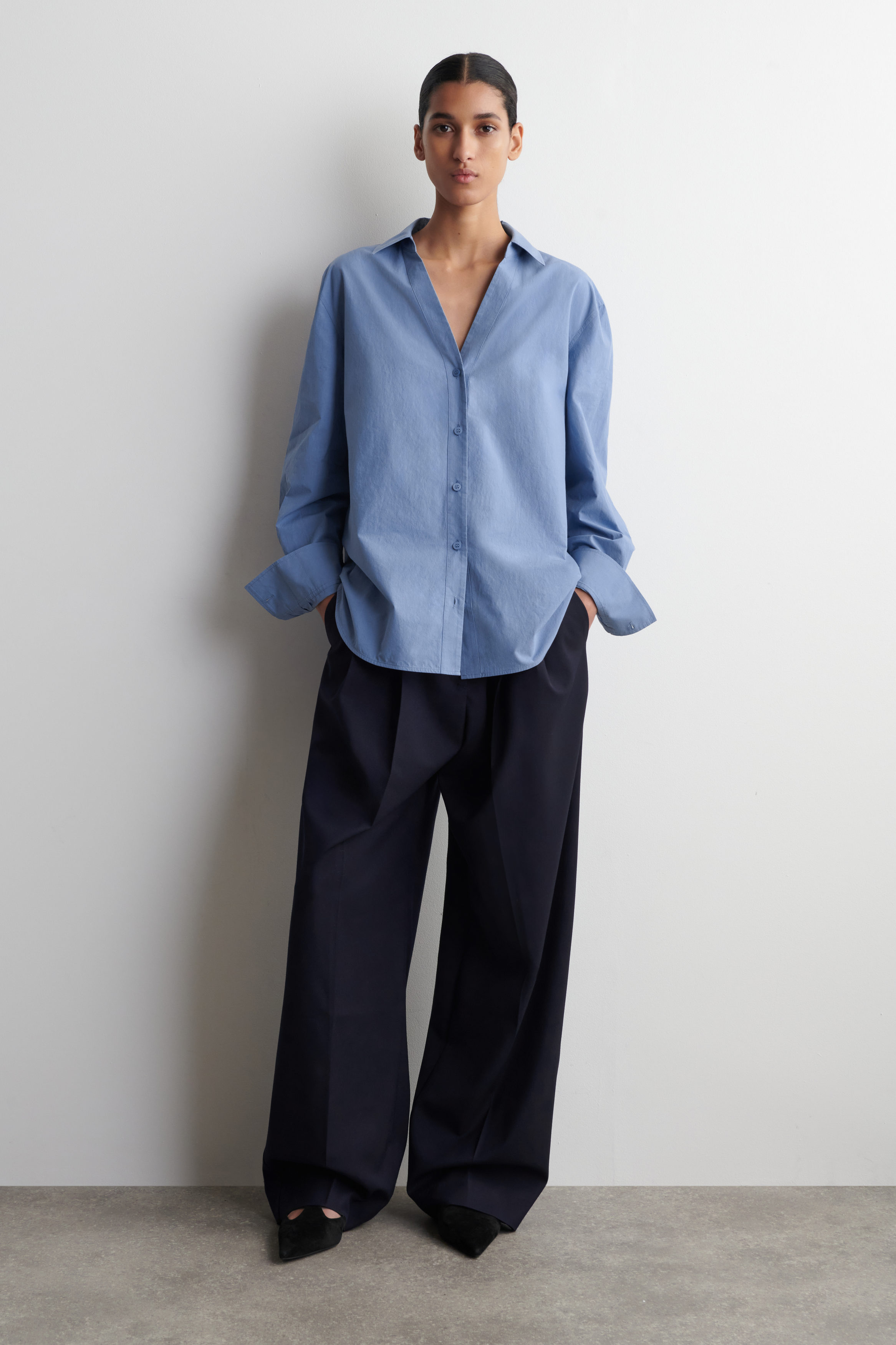 OPEN-COLLAR COTTON-POPLIN SHIRT - BLUE | COS US