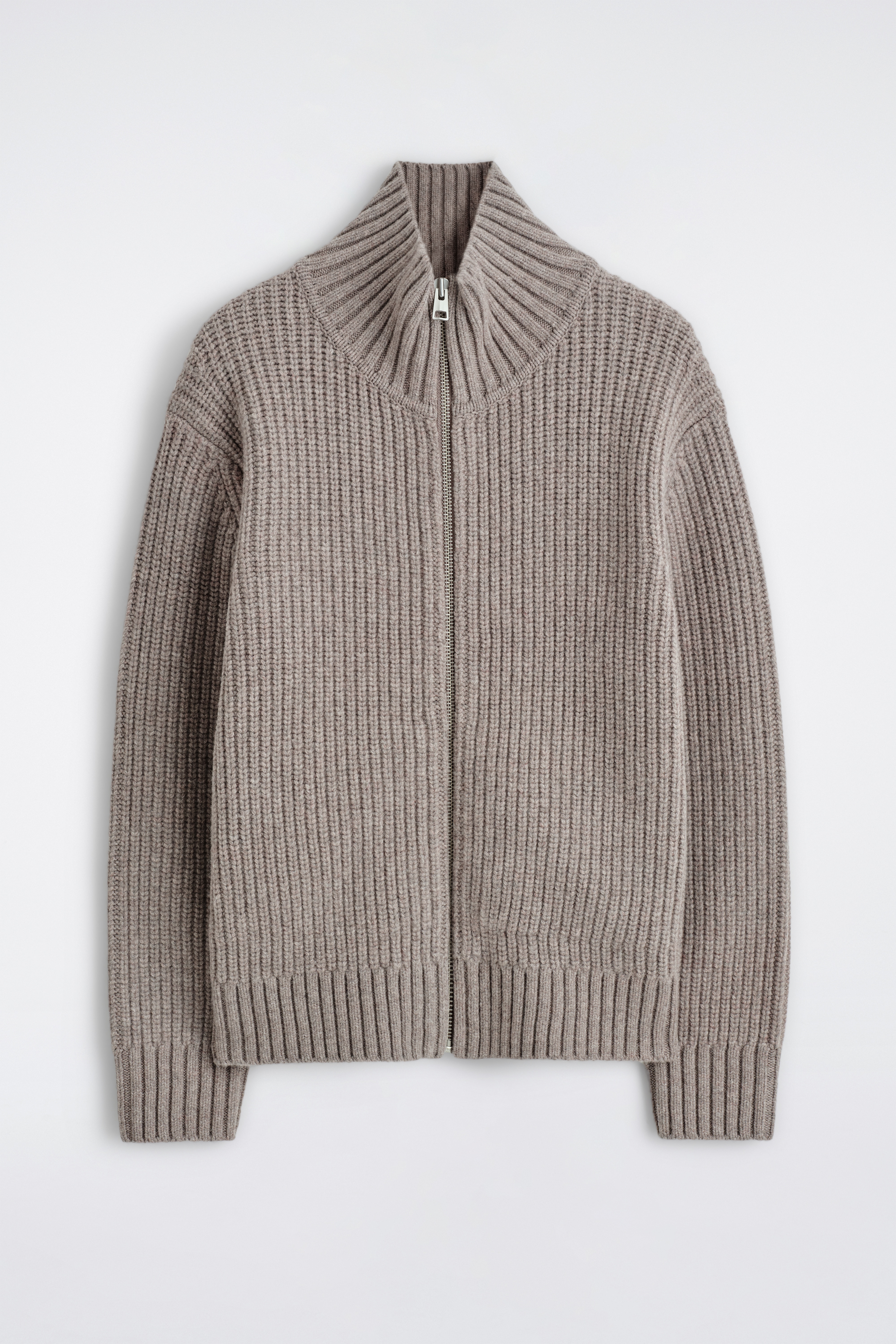 FUNNEL-NECK KNITTED WOOL JACKET - STONE/CHARCOAL