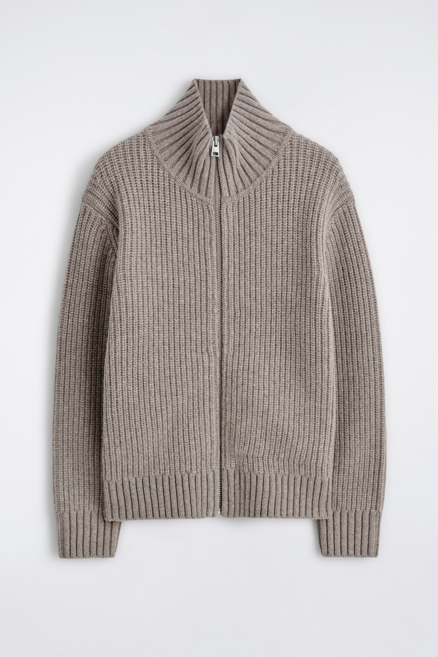 FUNNEL-NECK KNITTED WOOL JACKET - STONE/CHARCOAL - 2