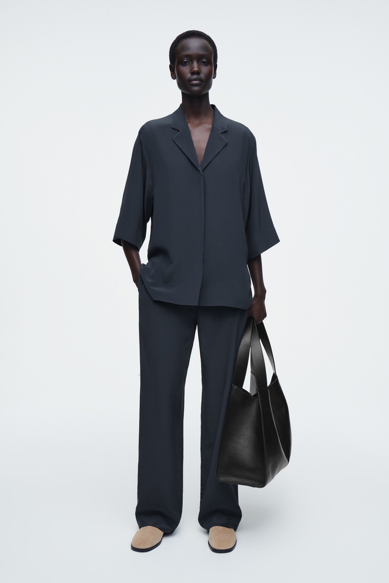 CHEMISE À COL CUBAIN EN SOIE - BLEU MARINE - 6