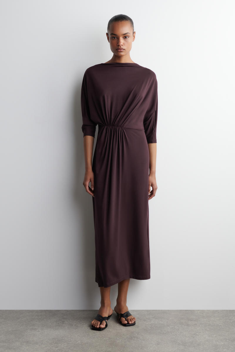 Cos Gathered-waist Draped Midi Dress In Red