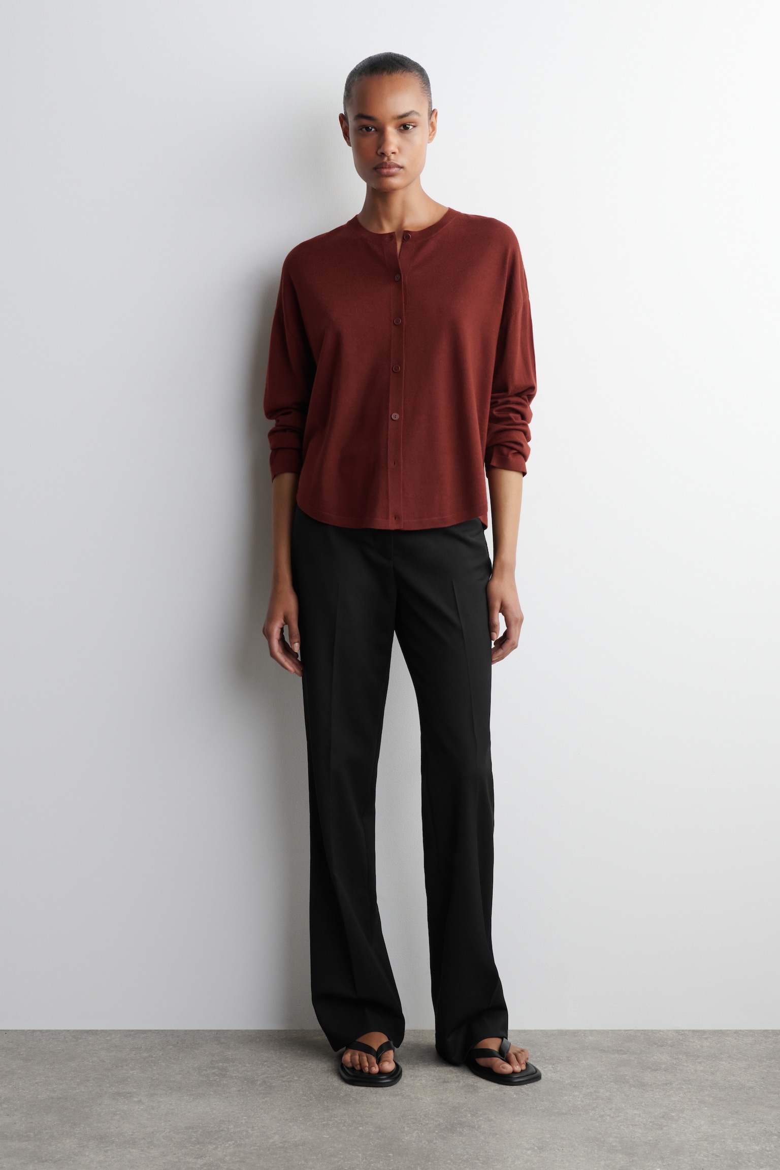 CIRCLE-CUT MERINO WOOL CARDIGAN - RUST BROWN/BLACK/GREY MÉLANGE - 5