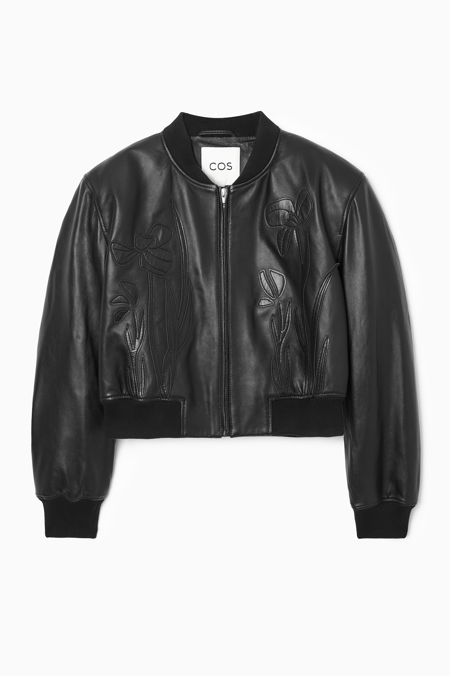 OVERSIZED APPLIQUÉD LEATHER BOMBER JACKET - BLACK