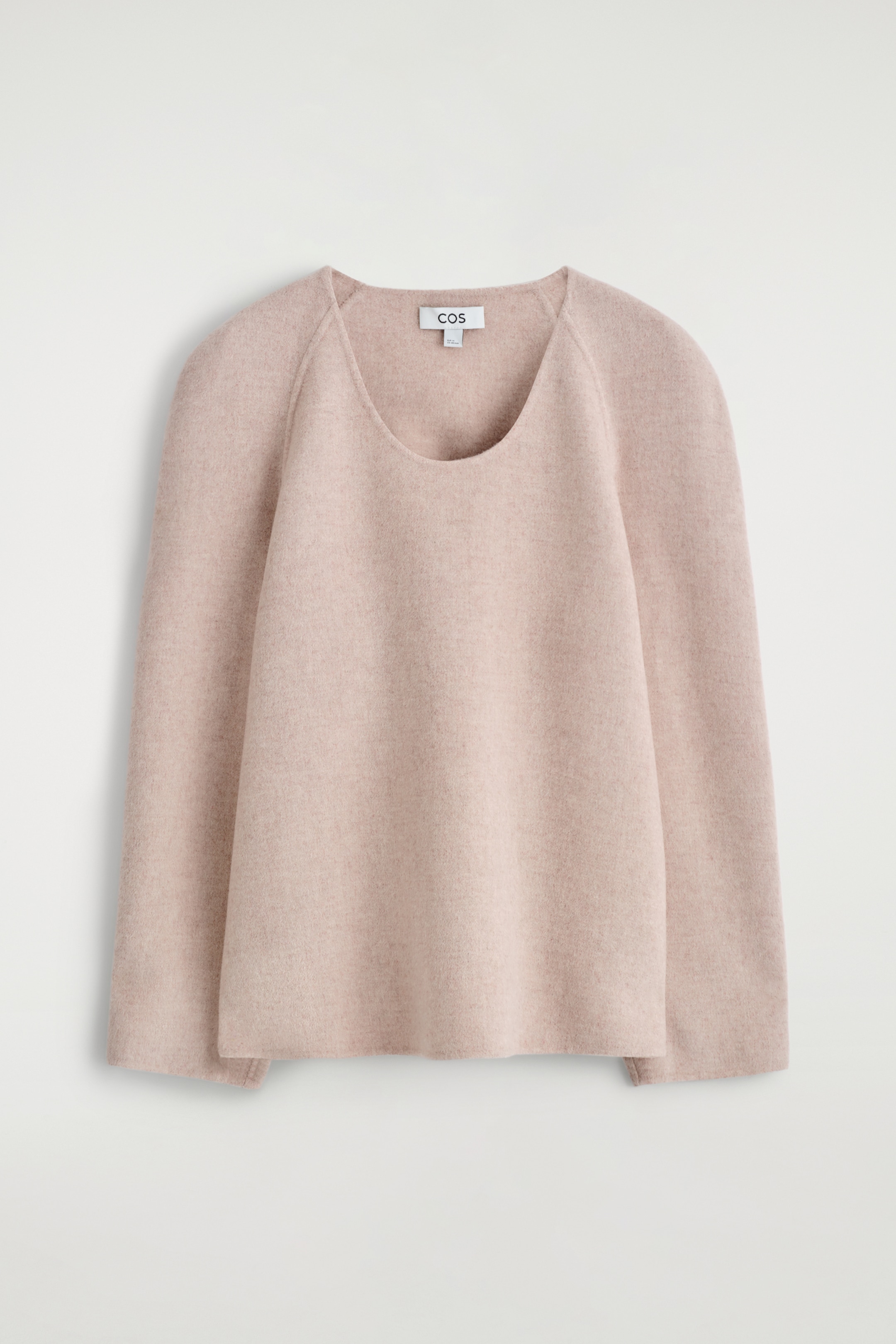 View larger image: The light beige DOUBLE-FACED WOOL TOP is presented from the front, featuring a wide scoop neckline, long raglan sleeves, and a relaxed, flowing fit with a straight hem.