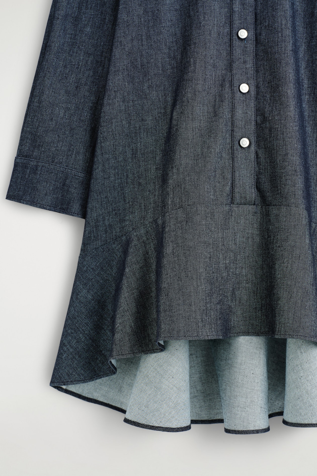 FLARED DENIM MINI SHIRT DRESS — INDIGO