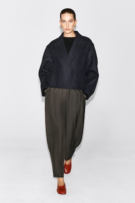 OVERSIZED CROPPED BOILED WOOL-BLEND BLAZER — NAVY 1
