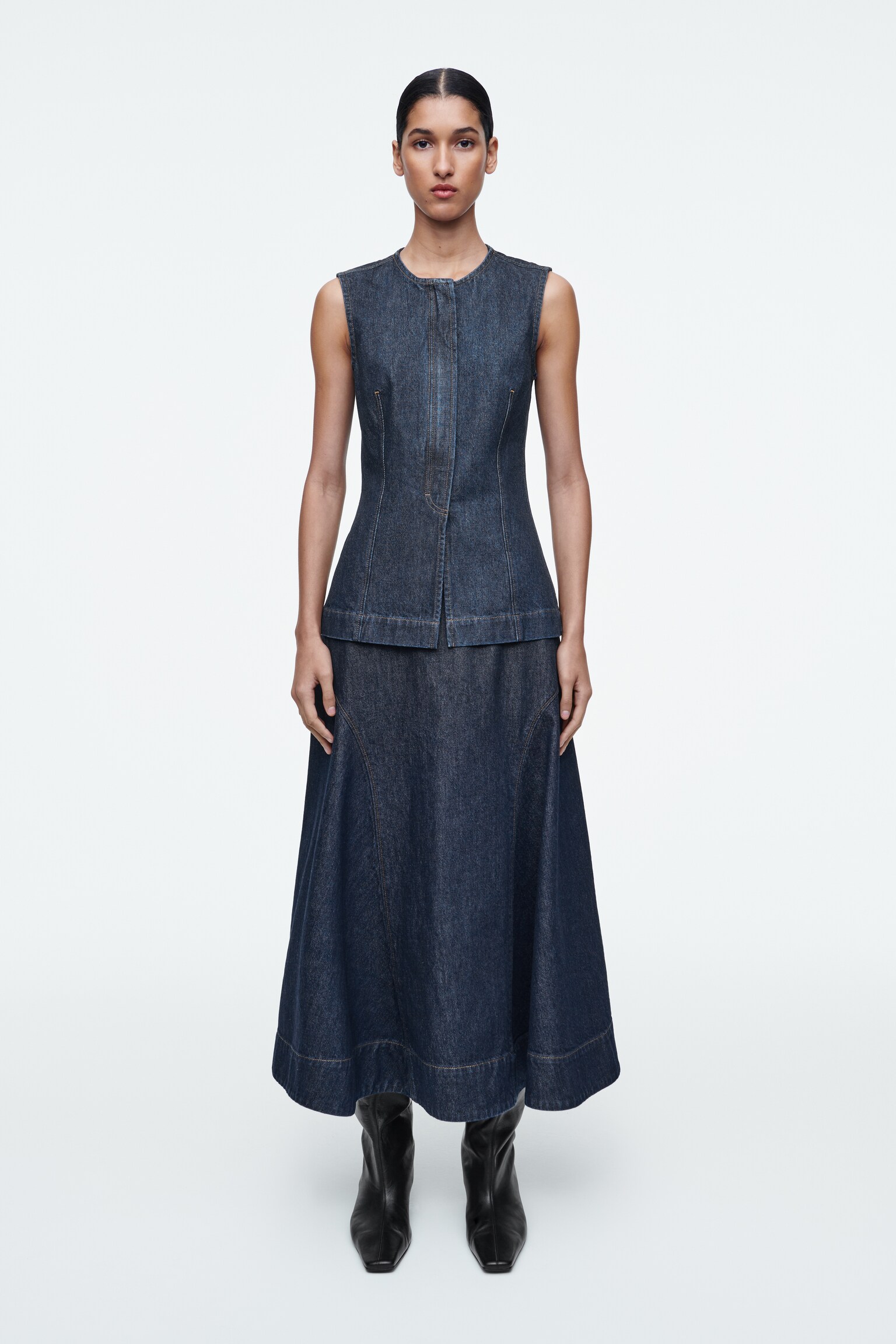 RAW DENIM A-LINE MIDI SKIRT - RAW INDIGO