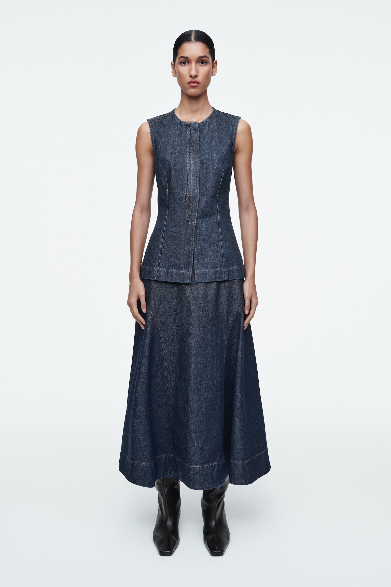 RAW DENIM A-LINE MIDI SKIRT - RAW INDIGO