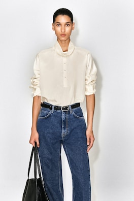 STUD-DETAIL MOCK-NECK BLOUSE — CAPPUCCINO 1