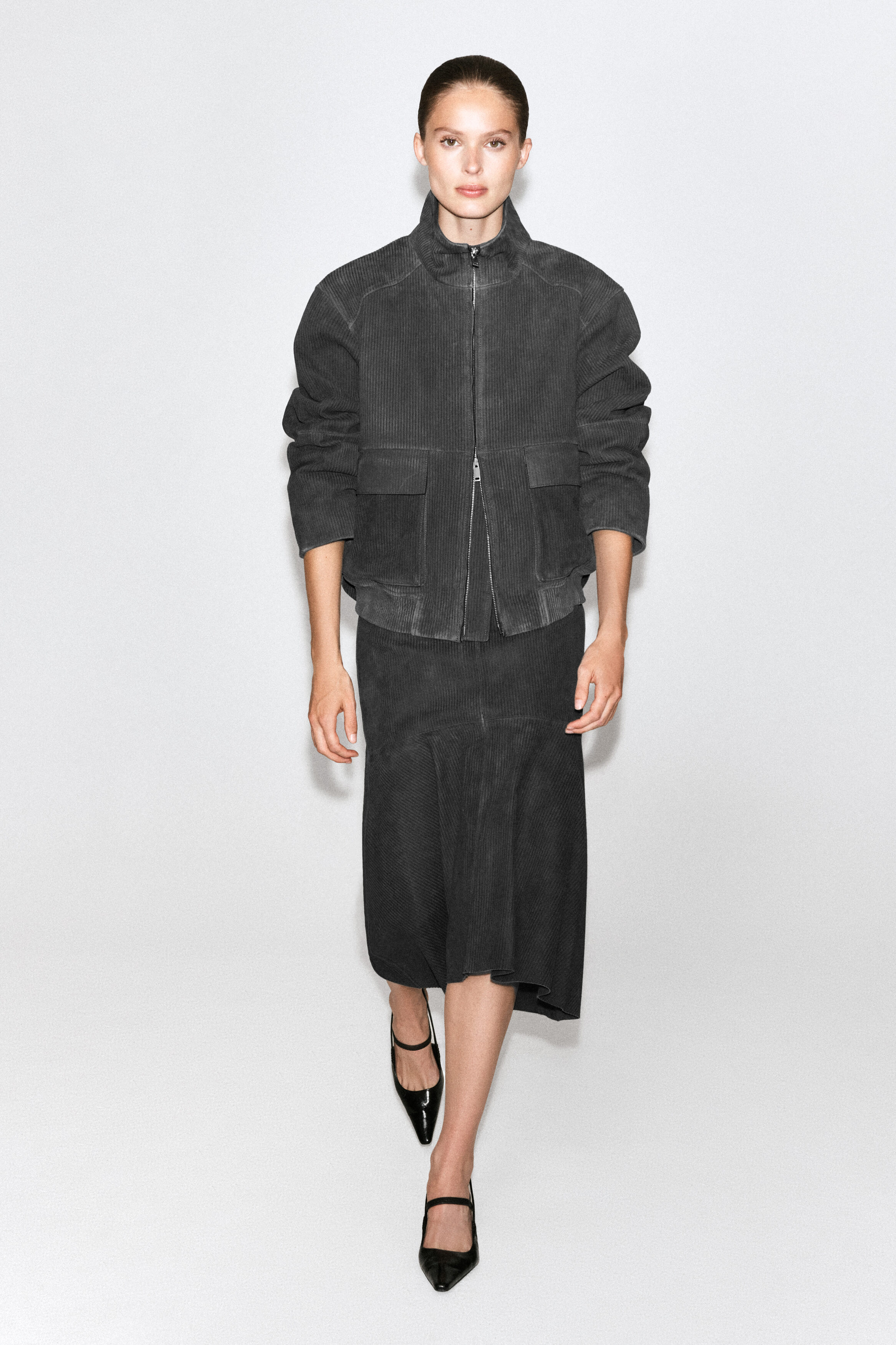 CORDED SUEDE FLARED MIDI SKIRT