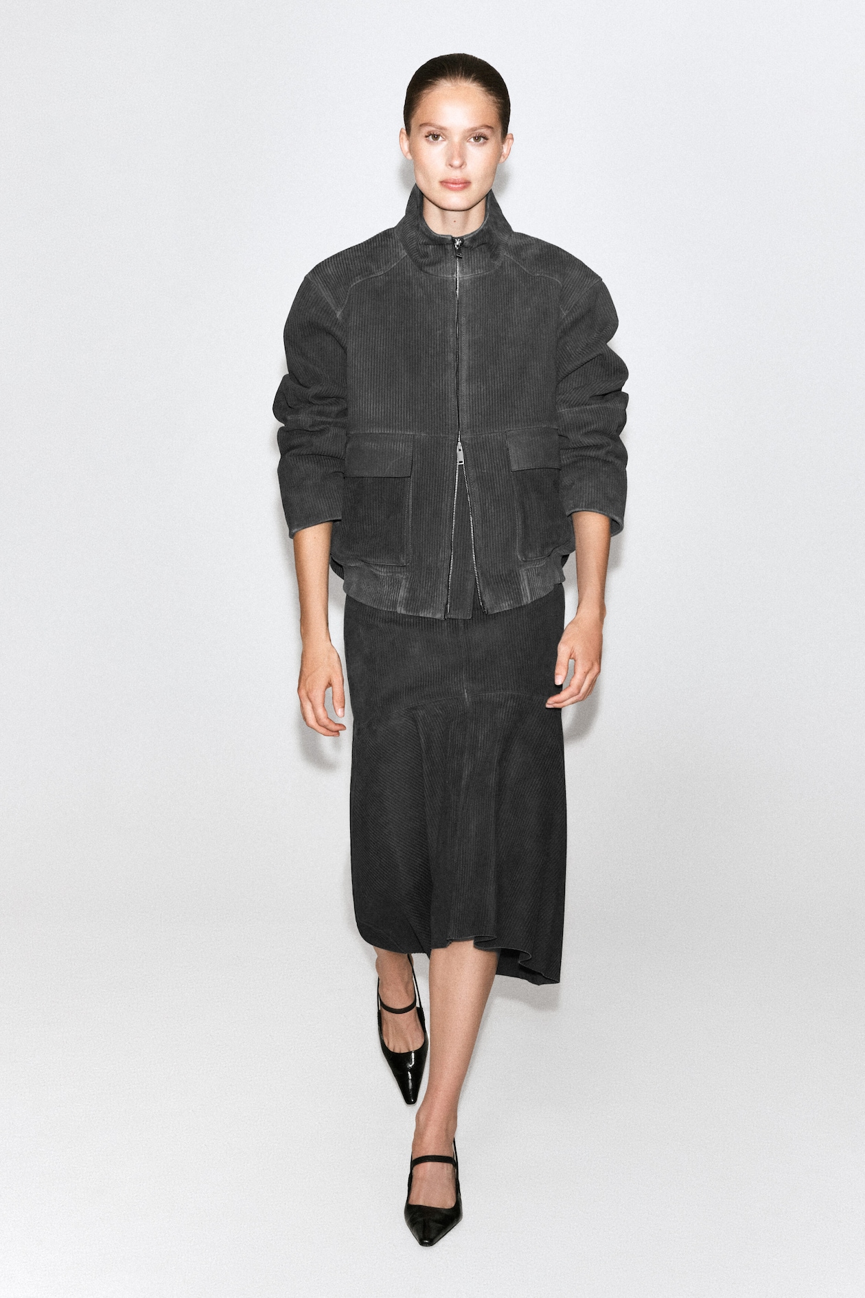 CORDED SUEDE FLARED MIDI SKIRT — ANTHRACITE