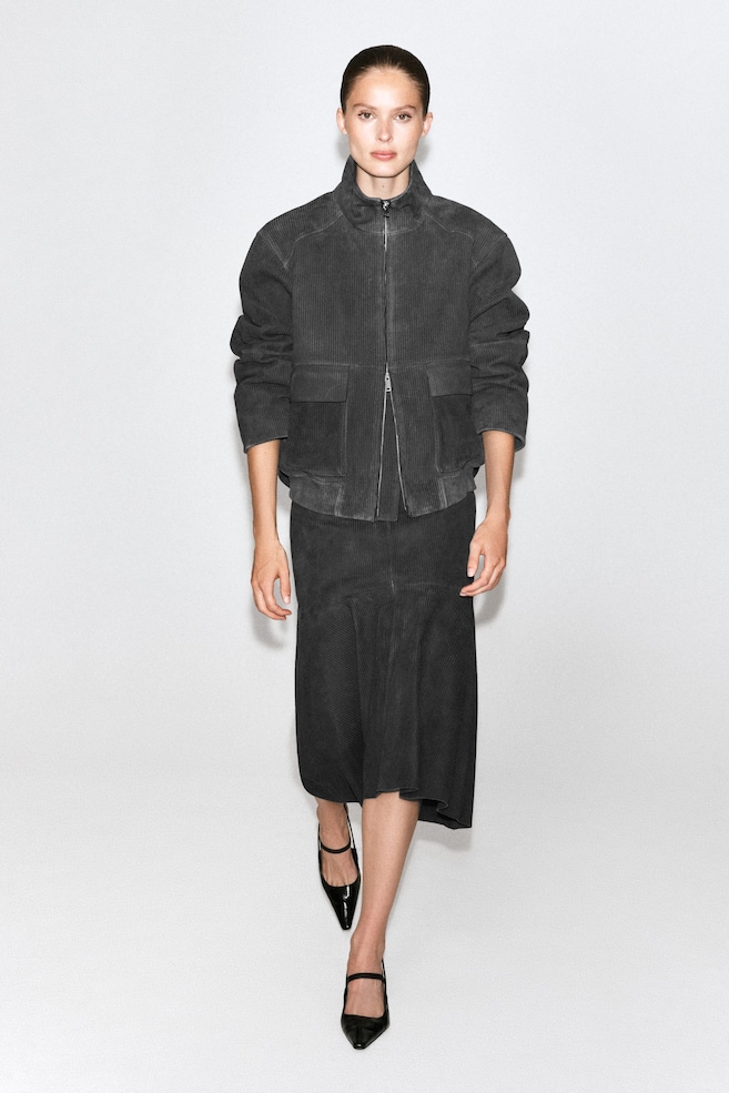 CORDED SUEDE FLARED MIDI SKIRT — ANTHRACITE