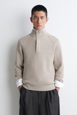RIBBED WOOL HALF-ZIP SWEATER — BEIGE 1