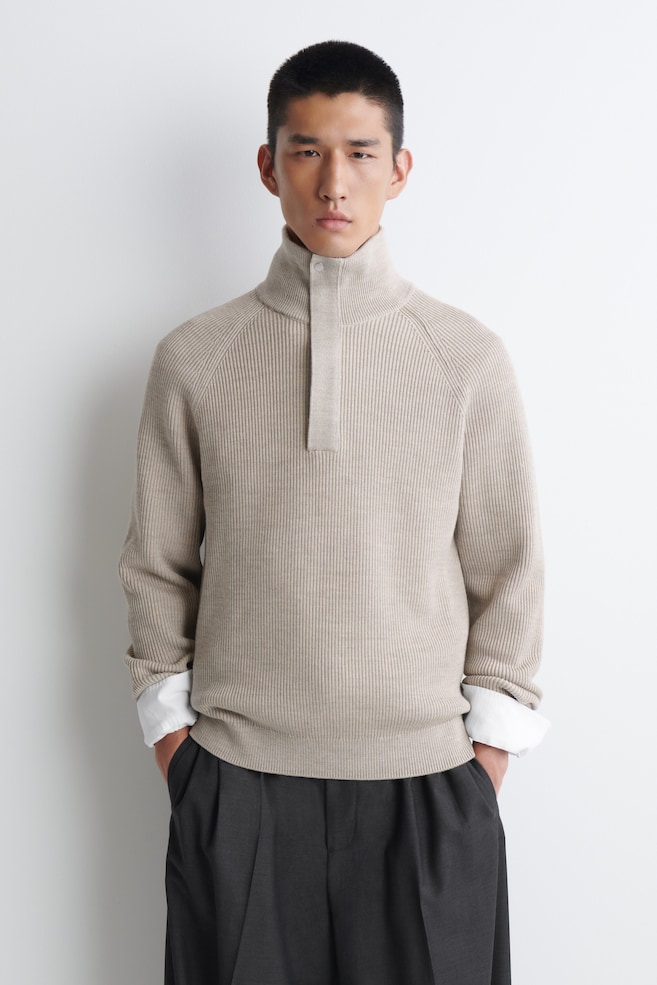 RIBBED WOOL HALF-ZIP SWEATER — BEIGE